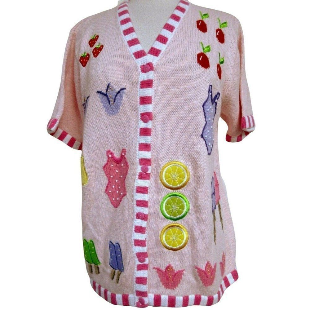 Quacker Factory Summer Theme Appliqued Pink Cardi Sz M Short Sleeve NEW